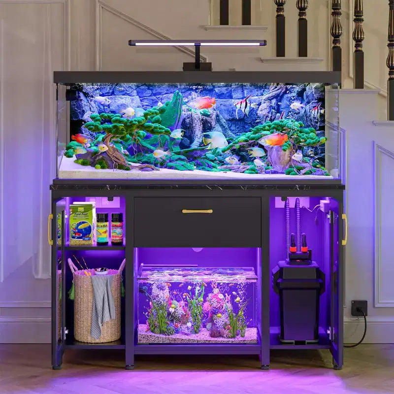 Bestier 75 Gallon Fish Tank Stand Metal Aquarium Stand with Storage Cabinet & Power Outlets LED Light, 750lbs Capacity, Black