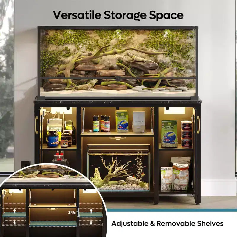 Meuble pour aquarium de 284 litres, support métallique avec armoire de rangement et prises de courant, éclairage LED, capacité de 340 kg, noir