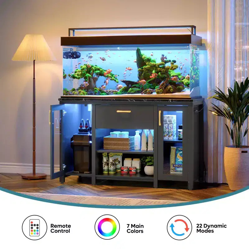 Meuble pour aquarium de 284 litres, support métallique avec armoire de rangement et prises de courant, éclairage LED, capacité de 340 kg, noir