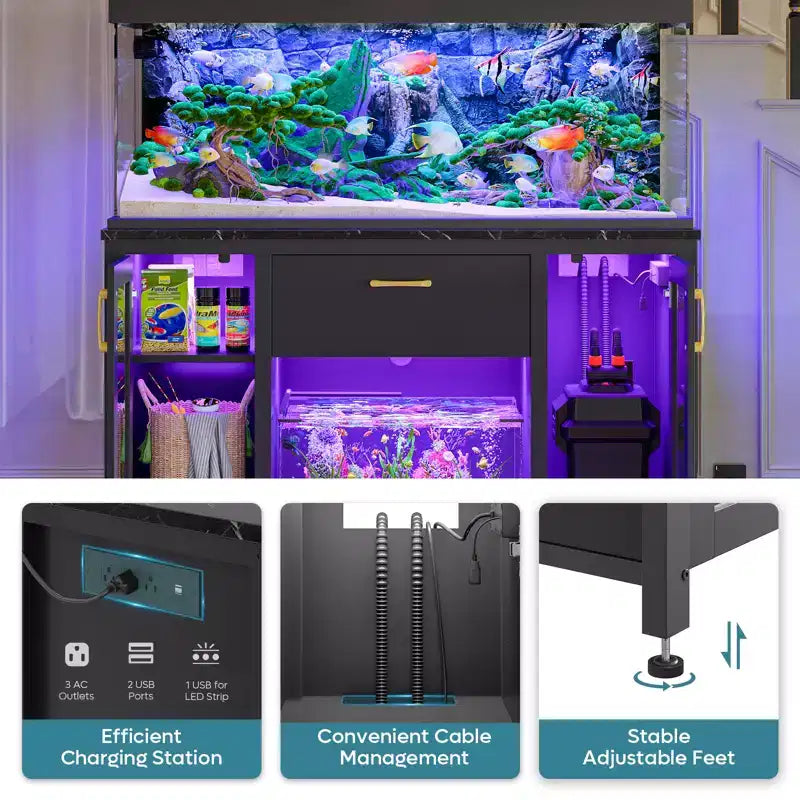 Meuble pour aquarium de 284 litres, support métallique avec armoire de rangement et prises de courant, éclairage LED, capacité de 340 kg, noir