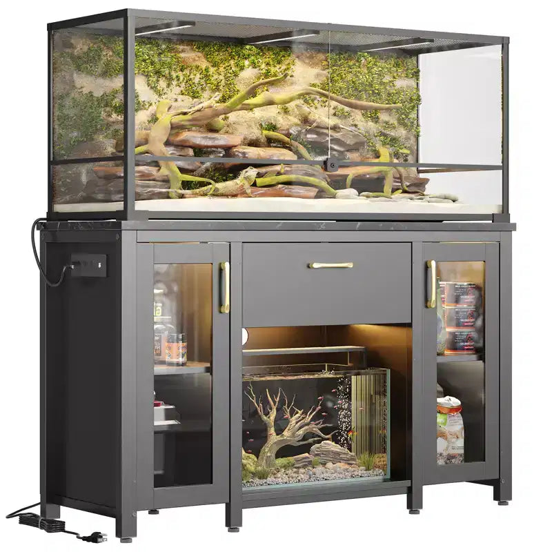 Meuble pour aquarium de 284 litres, support métallique avec armoire de rangement et prises de courant, éclairage LED, capacité de 340 kg, noir