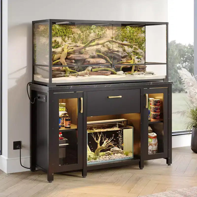Meuble pour aquarium de 284 litres, support métallique avec armoire de rangement et prises de courant, éclairage LED, capacité de 340 kg, noir