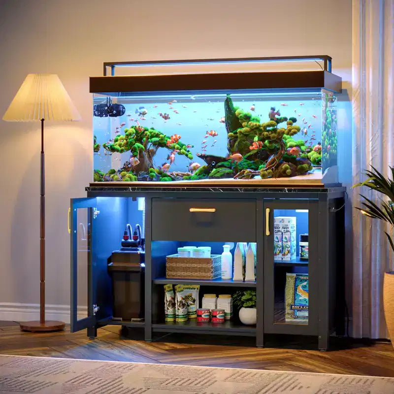 Meuble pour aquarium de 284 litres, support métallique avec armoire de rangement et prises de courant, éclairage LED, capacité de 340 kg, noir
