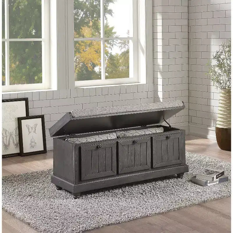 Banc Ottoman Rétro avec Siège Rembourré Relevable et Rangement, Banc de Rangement en Bois Massif pour Chambre, Entrée
