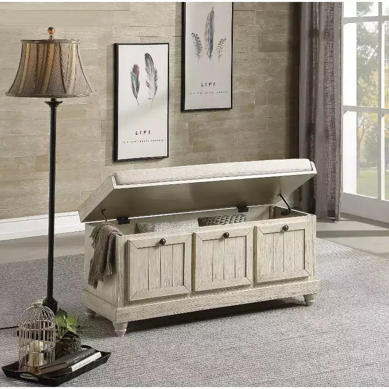 Banc Ottoman Rétro avec Siège Rembourré Relevable et Rangement, Banc de Rangement en Bois Massif pour Chambre, Entrée