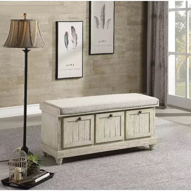 Banc Ottoman Rétro avec Siège Rembourré Relevable et Rangement, Banc de Rangement en Bois Massif pour Chambre, Entrée