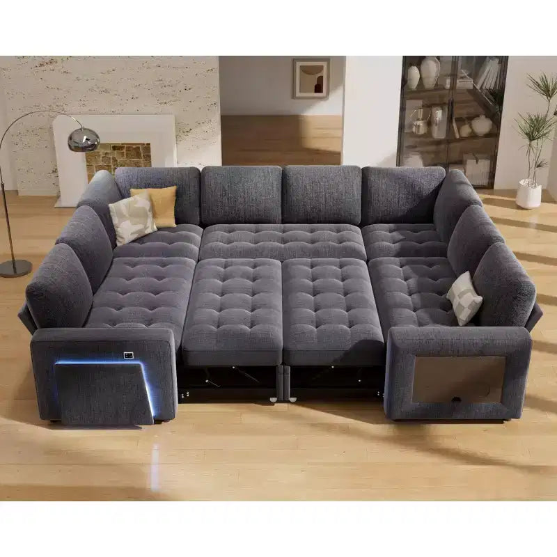 Canapé convertible avec lit gigogne/dossier inclinable/ports USB/table/lumière LED/siège de rangement, grand canapé d'angle en U 8 places