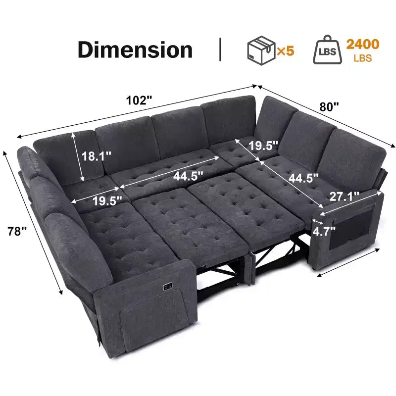 Canapé convertible avec lit gigogne/dossier inclinable/ports USB/table/lumière LED/siège de rangement, grand canapé d'angle en U 8 places