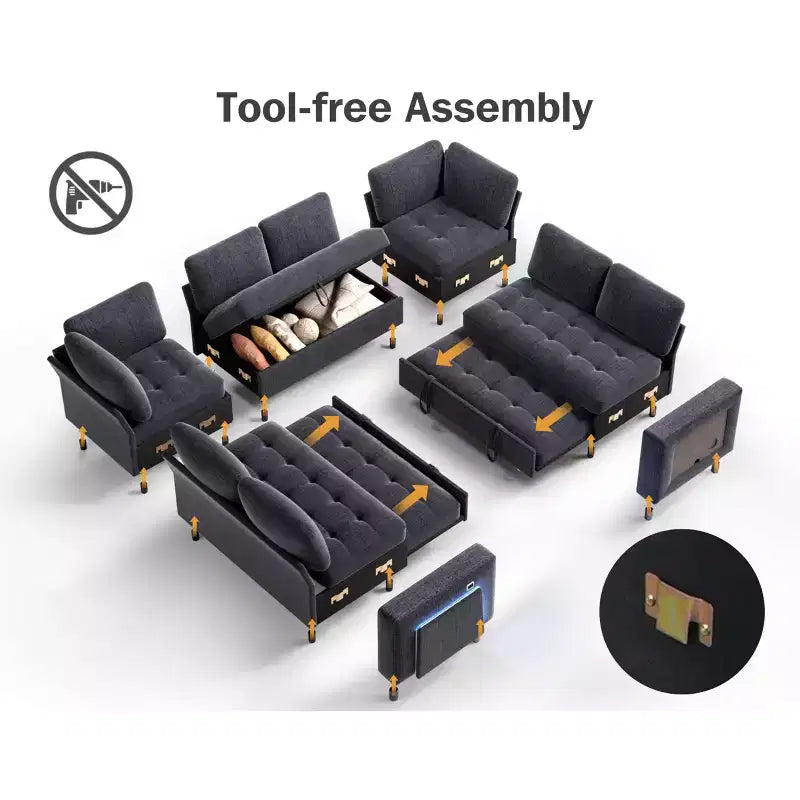 Canapé convertible avec lit gigogne/dossier inclinable/ports USB/table/lumière LED/siège de rangement, grand canapé d'angle en U 8 places