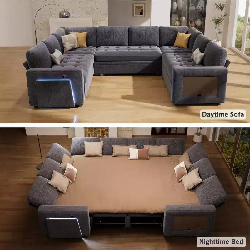 Canapé convertible avec lit gigogne/dossier inclinable/ports USB/table/lumière LED/siège de rangement, grand canapé d'angle en U 8 places