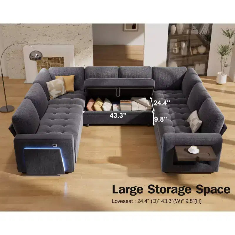 Canapé convertible avec lit gigogne/dossier inclinable/ports USB/table/lumière LED/siège de rangement, grand canapé d'angle en U 8 places