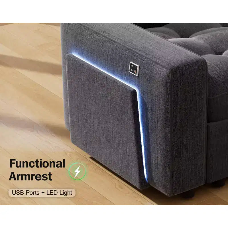 Canapé convertible avec lit gigogne/dossier inclinable/ports USB/table/lumière LED/siège de rangement, grand canapé d'angle en U 8 places
