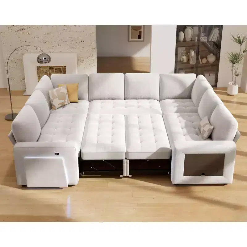 Canapé convertible avec lit gigogne/dossier inclinable/ports USB/table/lumière LED/siège de rangement, grand canapé d'angle en U 8 places