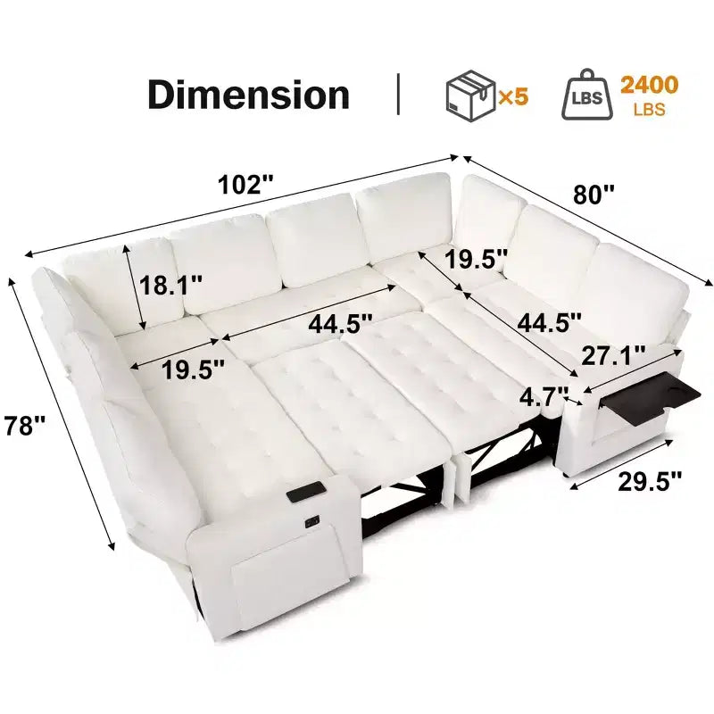 Canapé convertible avec lit gigogne/dossier inclinable/ports USB/table/lumière LED/siège de rangement, grand canapé d'angle en U 8 places