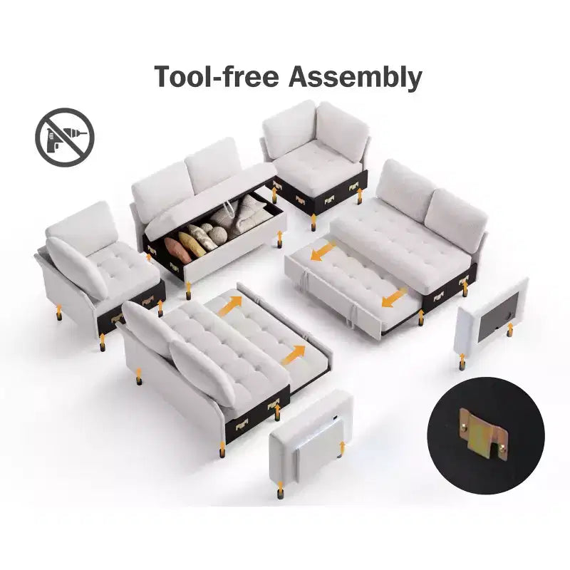 Canapé convertible avec lit gigogne/dossier inclinable/ports USB/table/lumière LED/siège de rangement, grand canapé d'angle en U 8 places