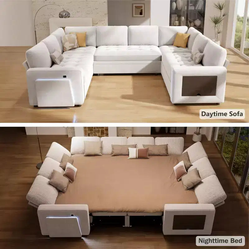 Canapé convertible avec lit gigogne/dossier inclinable/ports USB/table/lumière LED/siège de rangement, grand canapé d'angle en U 8 places
