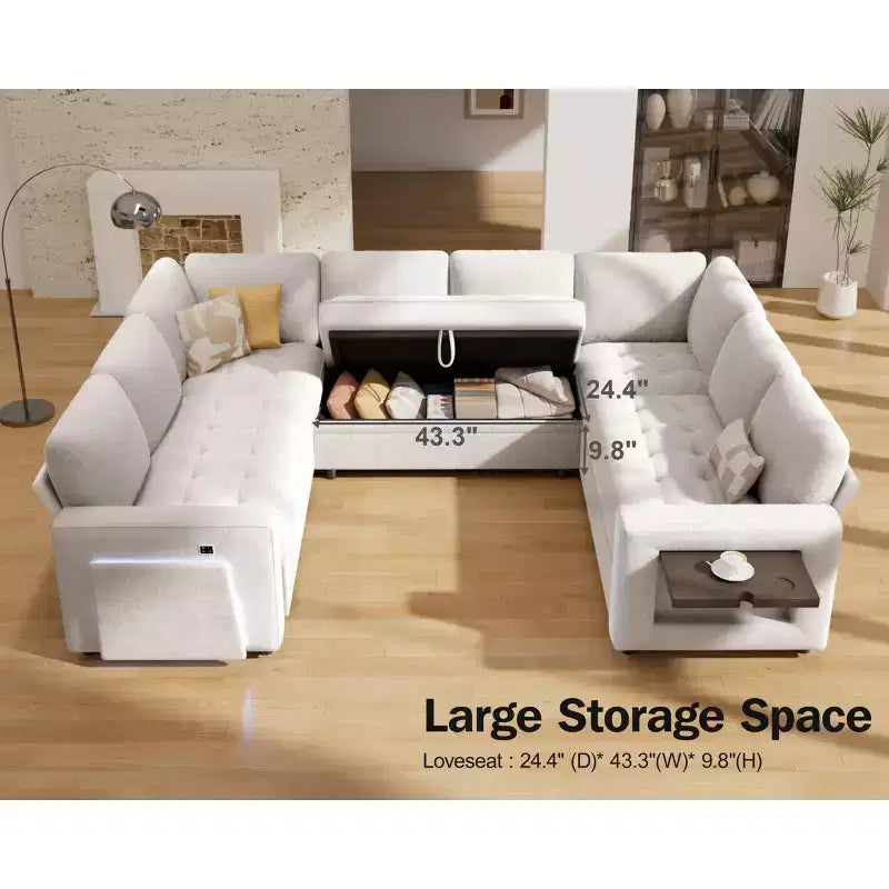 Canapé convertible avec lit gigogne/dossier inclinable/ports USB/table/lumière LED/siège de rangement, grand canapé d'angle en U 8 places