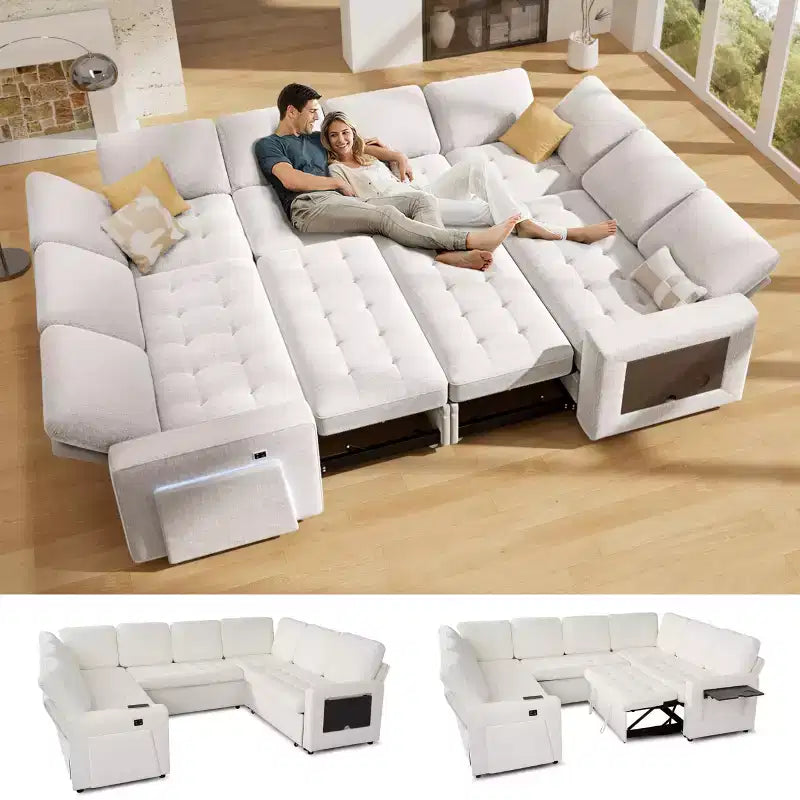 Dyonery Sleeper Sofa with Pull Out Bed/Reclining Backrest/USB Ports/Table/LED Light/Storage Seat, 8 Seat Large U Shaped Sectional Couch