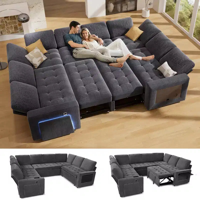 Canapé convertible avec lit gigogne/dossier inclinable/ports USB/table/lumière LED/siège de rangement, grand canapé d'angle en U 8 places