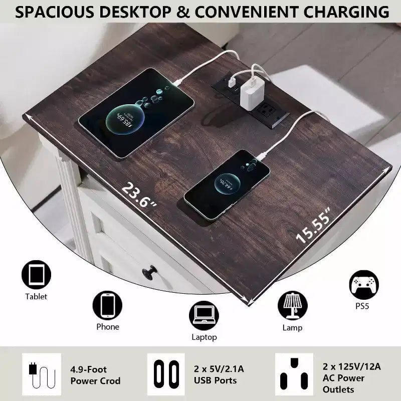 26 Table de Chevet avec Recharge, 23.6 Table de Ferme Étagère Ouverte et 2 Tiroirs
