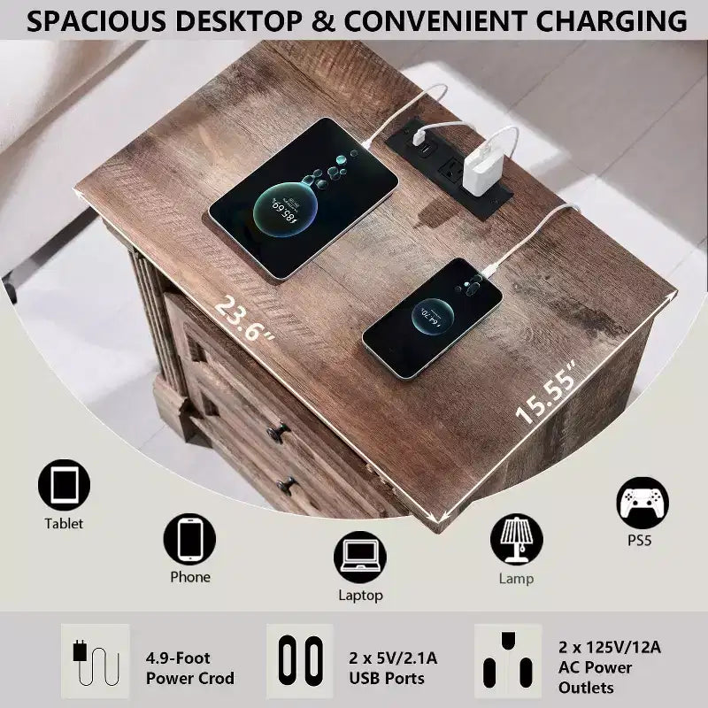26 Table de Chevet avec Recharge, 23.6 Table de Ferme Étagère Ouverte et 2 Tiroirs