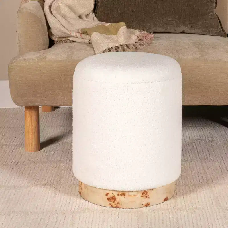 Tabouret de rangement rond rembourré en tissu bouclé avec couvercle amovible, crème