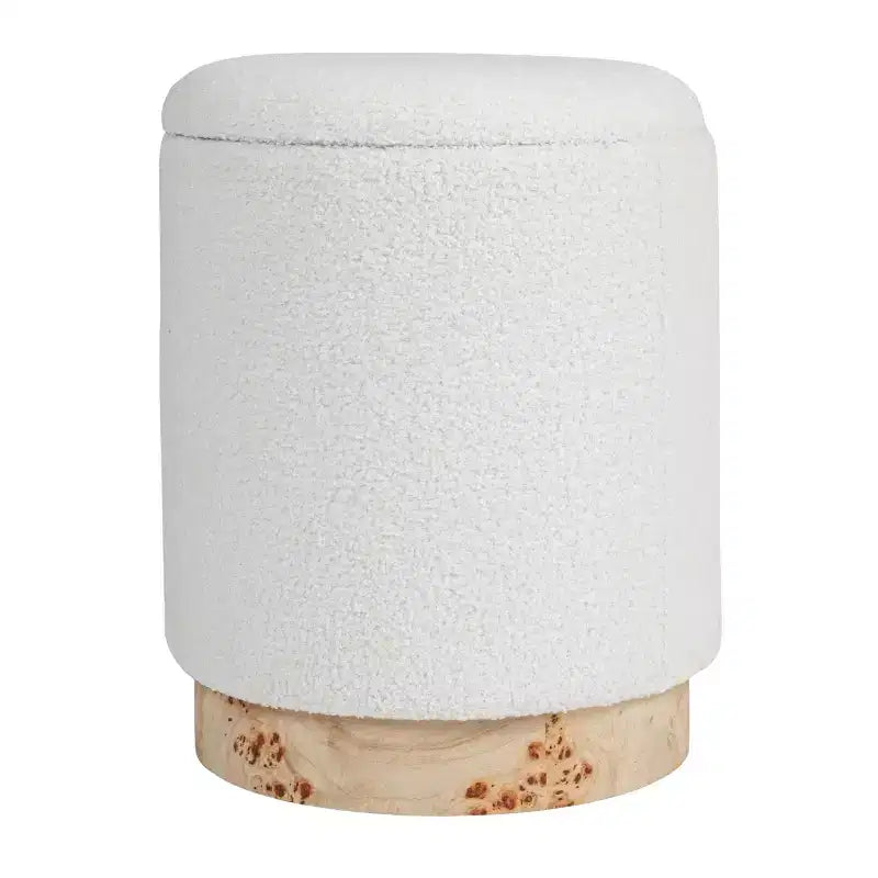 Tabouret de rangement rond rembourré en tissu bouclé avec couvercle amovible, crème
