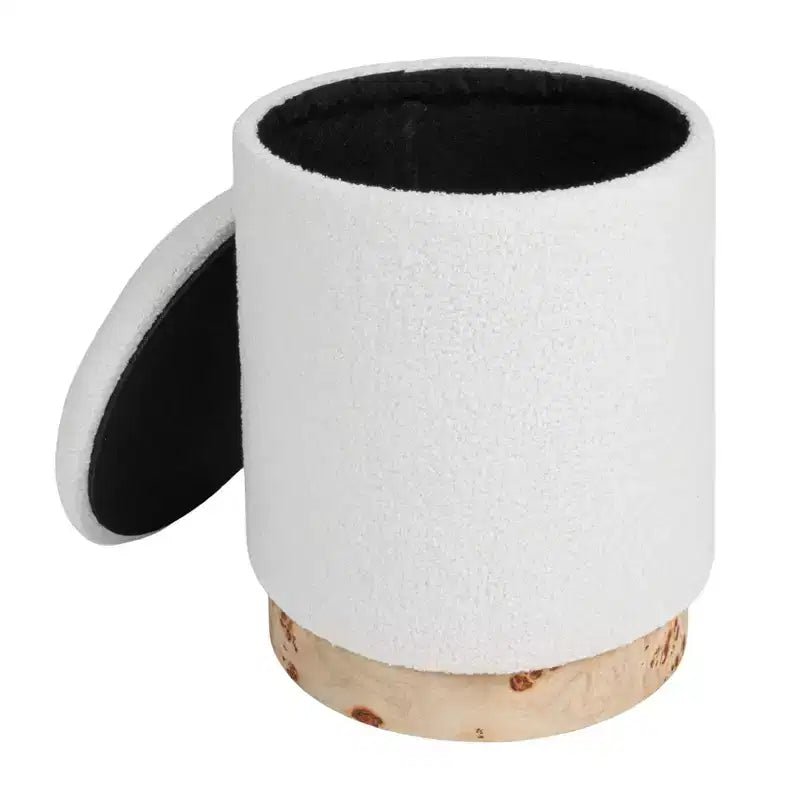 Tabouret de rangement rond rembourré en tissu bouclé avec couvercle amovible, crème