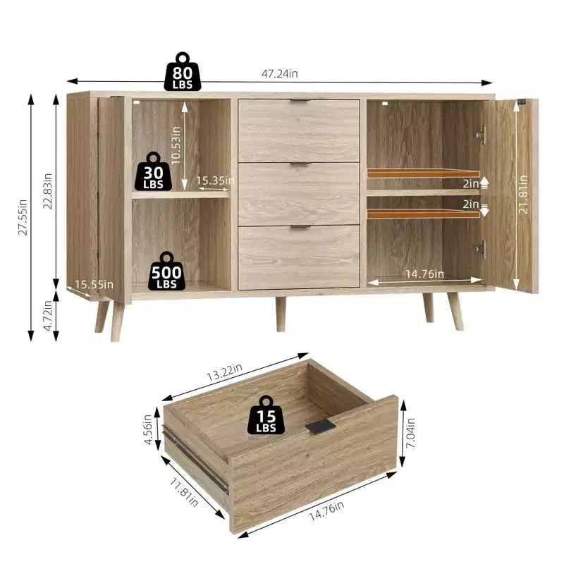 47,2 po. Buffet avec rangement, Armoire de rangement avec 3 tiroirs et 2 portes, Bahut