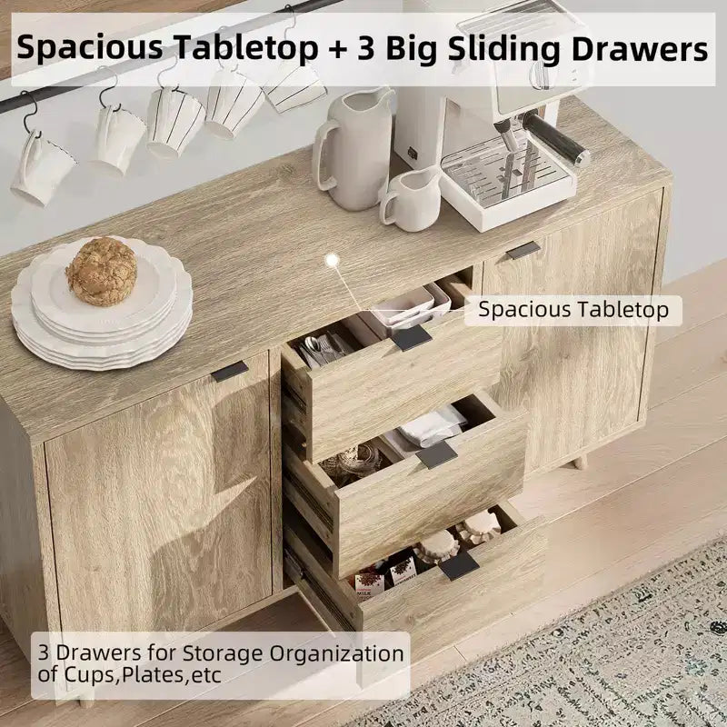 47,2 po. Buffet avec rangement, Armoire de rangement avec 3 tiroirs et 2 portes, Bahut