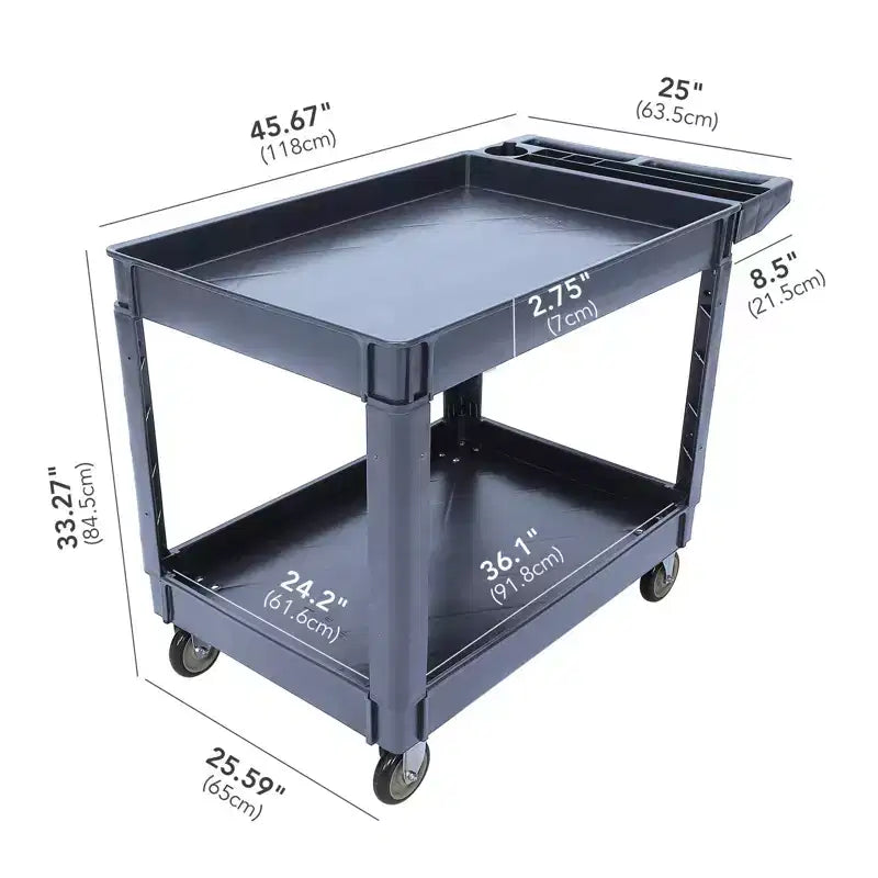 Chariot de service utilitaire à 2 niveaux, capacité de 227 kg, chariot utilitaire en plastique robuste avec roues rotatives à 360°, poignée de rangement, pour garage, entrepôt, bureau