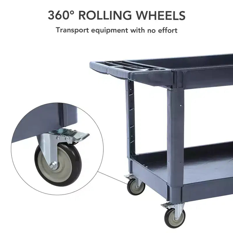 Chariot de service utilitaire à 2 niveaux, capacité de 227 kg, chariot utilitaire en plastique robuste avec roues rotatives à 360°, poignée de rangement, pour garage, entrepôt, bureau