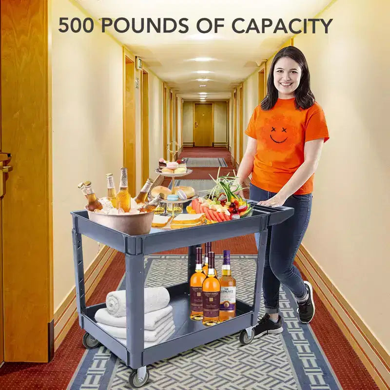 Chariot de service utilitaire à 2 niveaux, capacité de 227 kg, chariot utilitaire en plastique robuste avec roues rotatives à 360°, poignée de rangement, pour garage, entrepôt, bureau