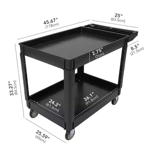 Chariot de service utilitaire à 2 niveaux, capacité de 227 kg, chariot utilitaire en plastique robuste avec roues rotatives à 360°, poignée de rangement, pour garage, entrepôt, bureau