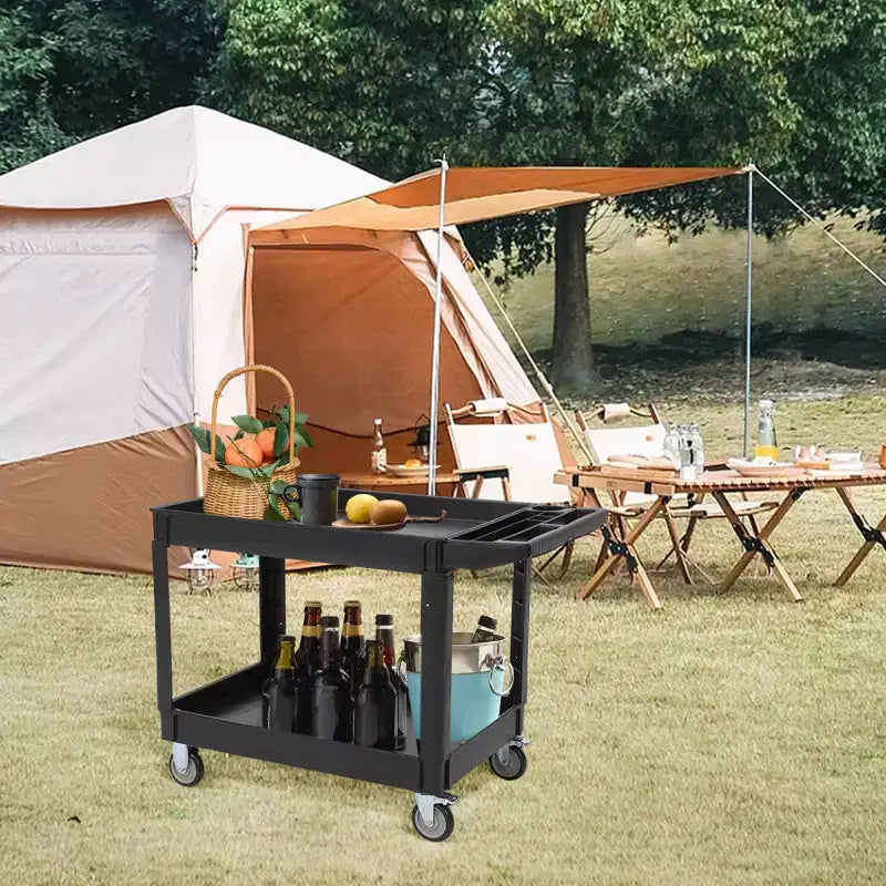 Chariot de service utilitaire à 2 niveaux, capacité de 227 kg, chariot utilitaire en plastique robuste avec roues rotatives à 360°, poignée de rangement, pour garage, entrepôt, bureau