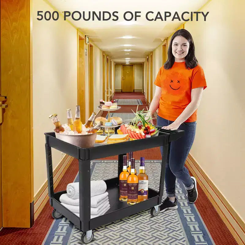 Chariot de service utilitaire à 2 niveaux, capacité de 227 kg, chariot utilitaire en plastique robuste avec roues rotatives à 360°, poignée de rangement, pour garage, entrepôt, bureau