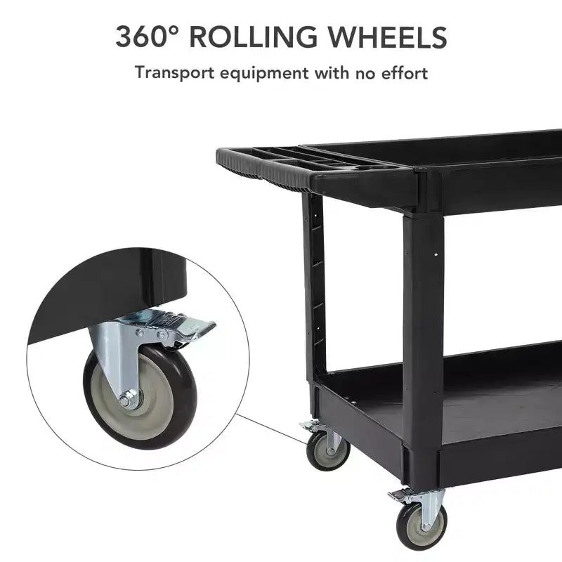 Chariot de service utilitaire à 2 niveaux, capacité de 227 kg, chariot utilitaire en plastique robuste avec roues rotatives à 360°, poignée de rangement, pour garage, entrepôt, bureau