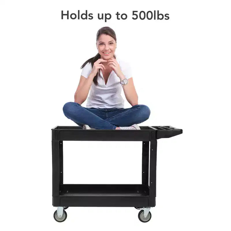 Chariot de service utilitaire à 2 niveaux, capacité de 227 kg, chariot utilitaire en plastique robuste avec roues rotatives à 360°, poignée de rangement, pour garage, entrepôt, bureau