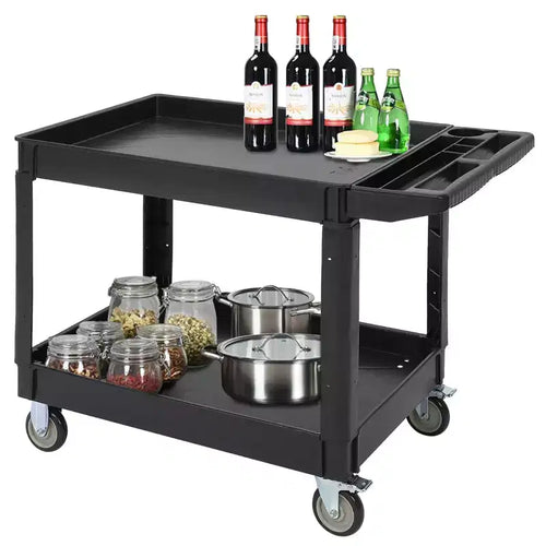 2 Tier Utility Service Cart, 500lbs Capacity Heavy Duty Plastic Utility Cart with 360 Rotating Wheels, Storage Handle, for Garage, Warehouse, Office