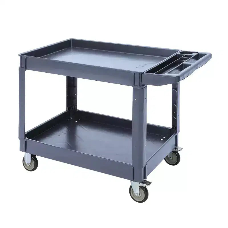 Chariot de service utilitaire à 2 niveaux, capacité de 227 kg, chariot utilitaire en plastique robuste avec roues rotatives à 360°, poignée de rangement, pour garage, entrepôt, bureau