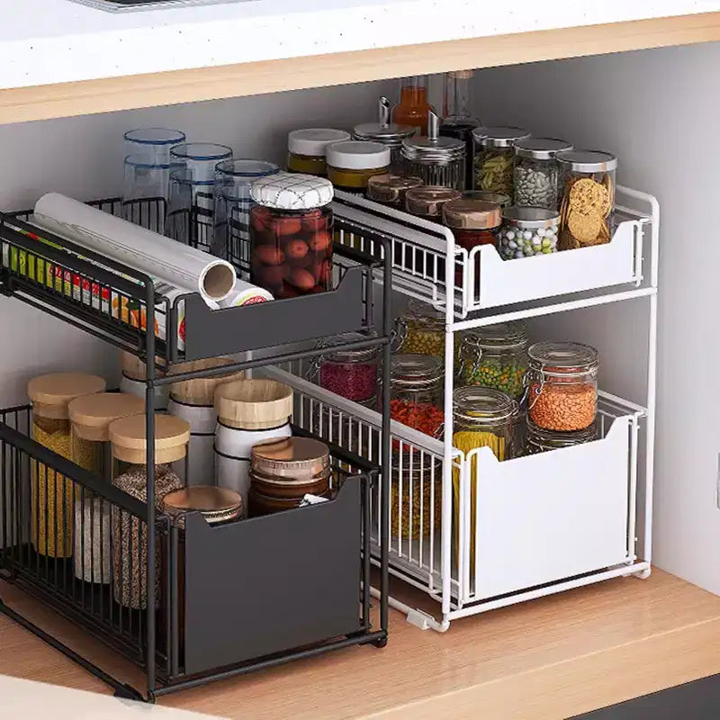 Rangement sous évier avec 2 tiroirs coulissants, organiseur en acier au carbone durable pour cuisine et salle de bain