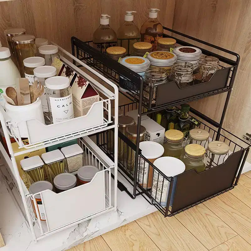 Rangement sous évier avec 2 tiroirs coulissants, organiseur en acier au carbone durable pour cuisine et salle de bain