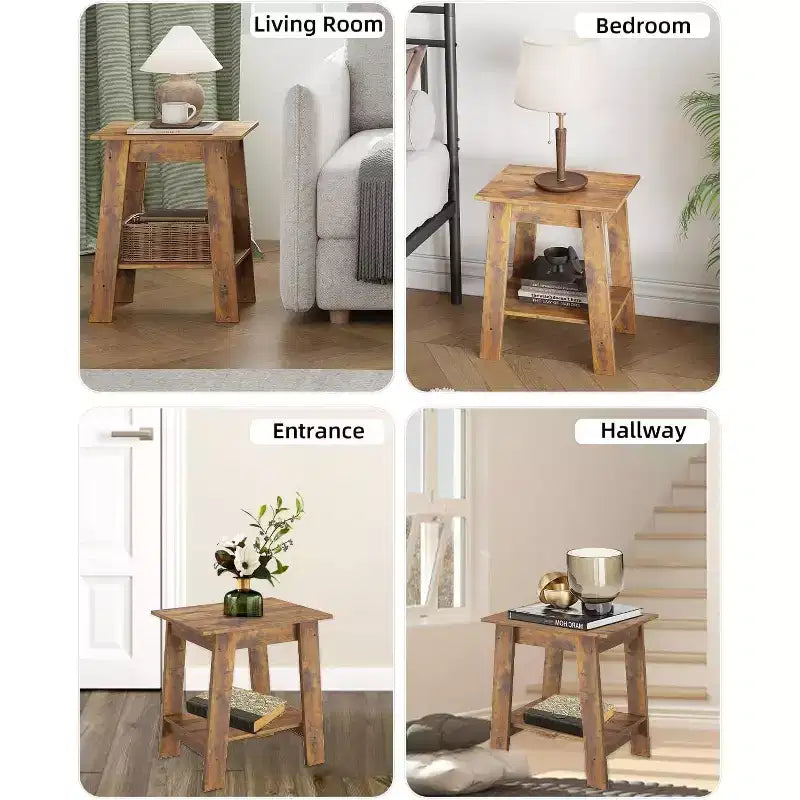 Table d'appoint rustique avec étagère de rangement, Table d'appoint à 2 niveaux, Table de chevet étroite, Table basse minimaliste pour salon, chambre à coucher, Marron rustique