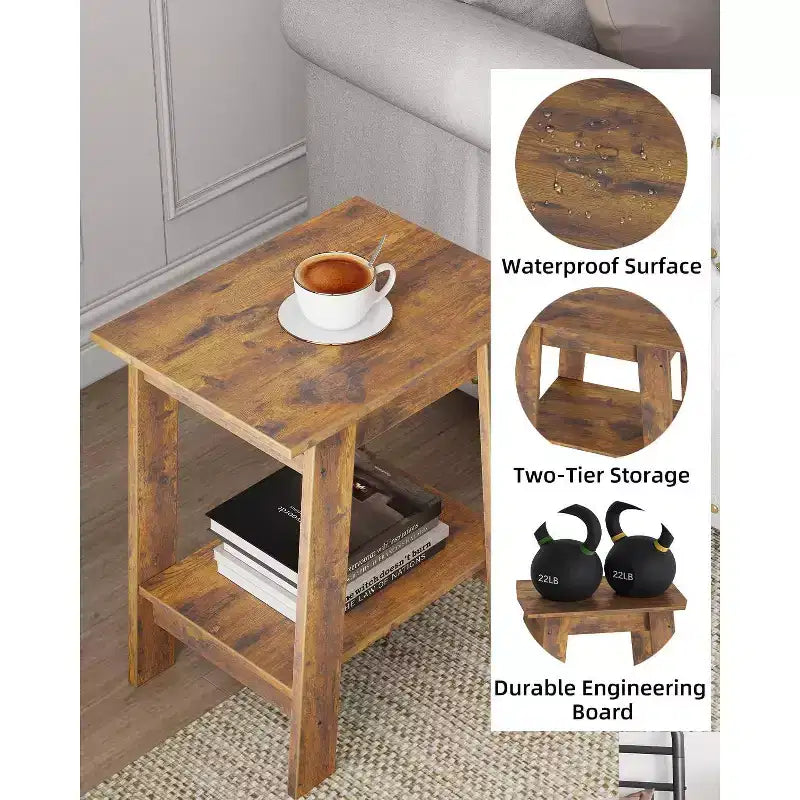 Table d'appoint rustique avec étagère de rangement, Table d'appoint à 2 niveaux, Table de chevet étroite, Table basse minimaliste pour salon, chambre à coucher, Marron rustique