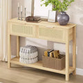 TROPOW 43 Inch Rattan Console Table, Entryway Table with 2 Drawers Storage Shelf Woven Design, Farmhouse Sofa Table TV Stand