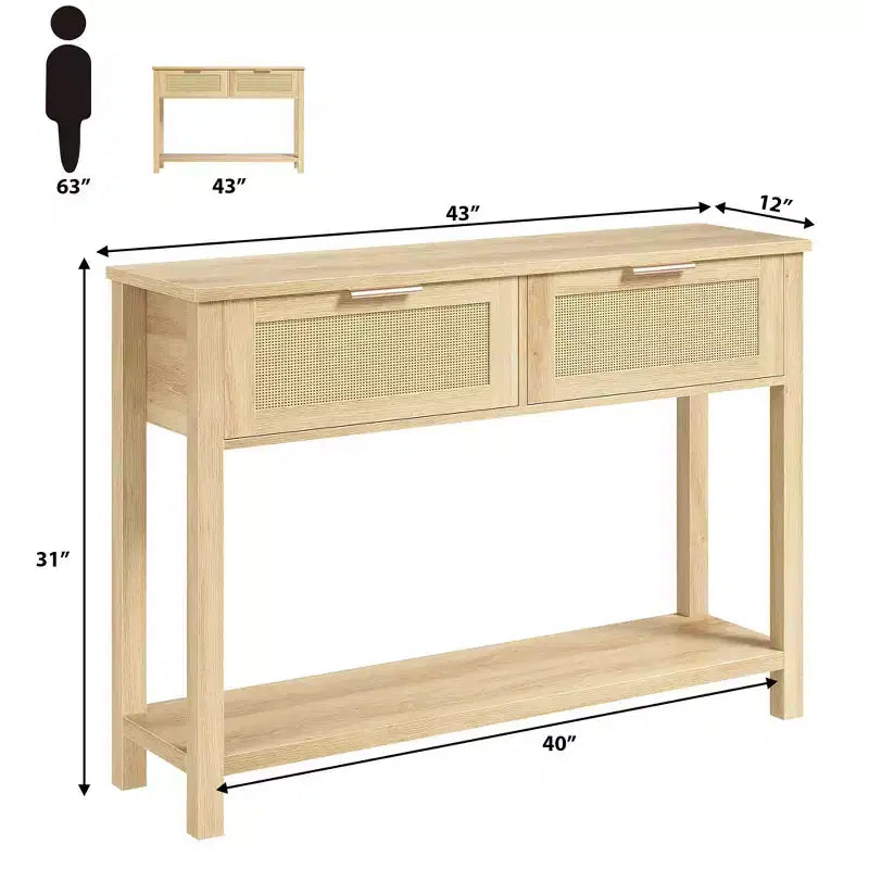 Console de 43 pouces en rotin, table d'entrée avec 2 tiroirs de rangement, design tressé, table de canapé de ferme, meuble TV.