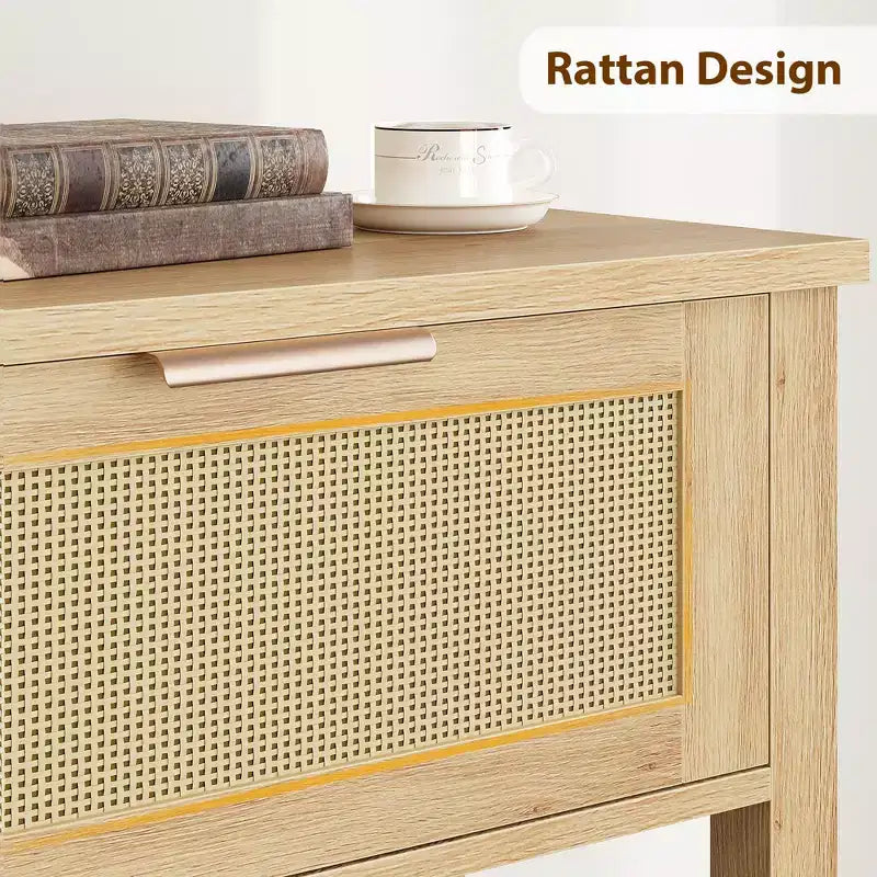 Console de 43 pouces en rotin, table d'entrée avec 2 tiroirs de rangement, design tressé, table de canapé de ferme, meuble TV.
