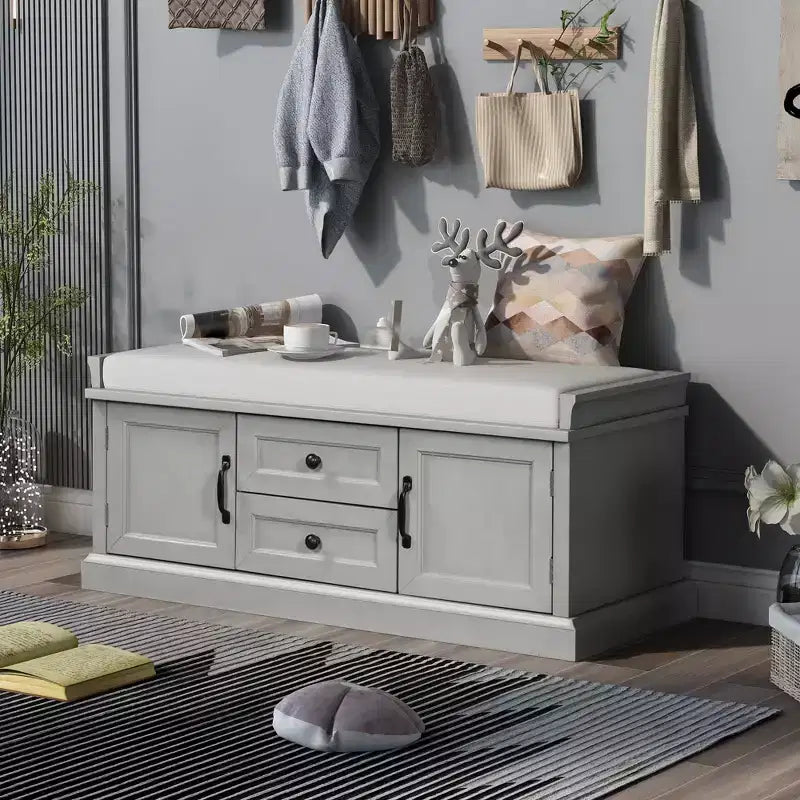 TUYOHW Storage Bench with 2 Drawers and 2 Cabinets, Shoe Bench with Removable Cushion for Living Room and Entryway, Gray Wash