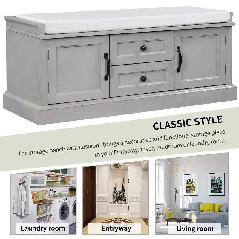 Banc de rangement avec 2 tiroirs et 2 placards, banc à chaussures avec coussin amovible pour salon et entrée, gris délavé