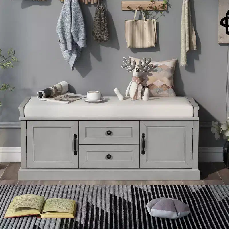 Banc de rangement avec 2 tiroirs et 2 placards, banc à chaussures avec coussin amovible pour salon et entrée, gris délavé